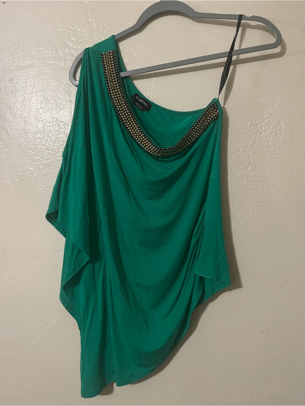 bebe Emerald Green One-Shoulder Draped Camisole with Beaded Neckline